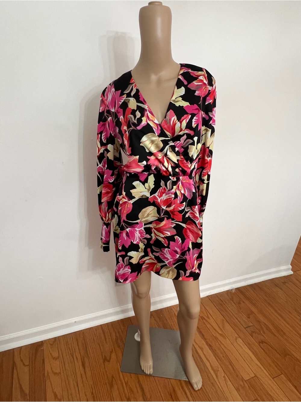 Marciano Black Long Sleeve Floral Wrap Dress with Pink & Cream Accents